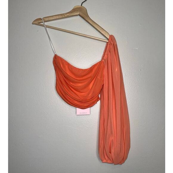 Hello Molly NWT Only Good Times One Sleeve Crop Top Coral/Orange Size Medium - Picture 2 of 5
